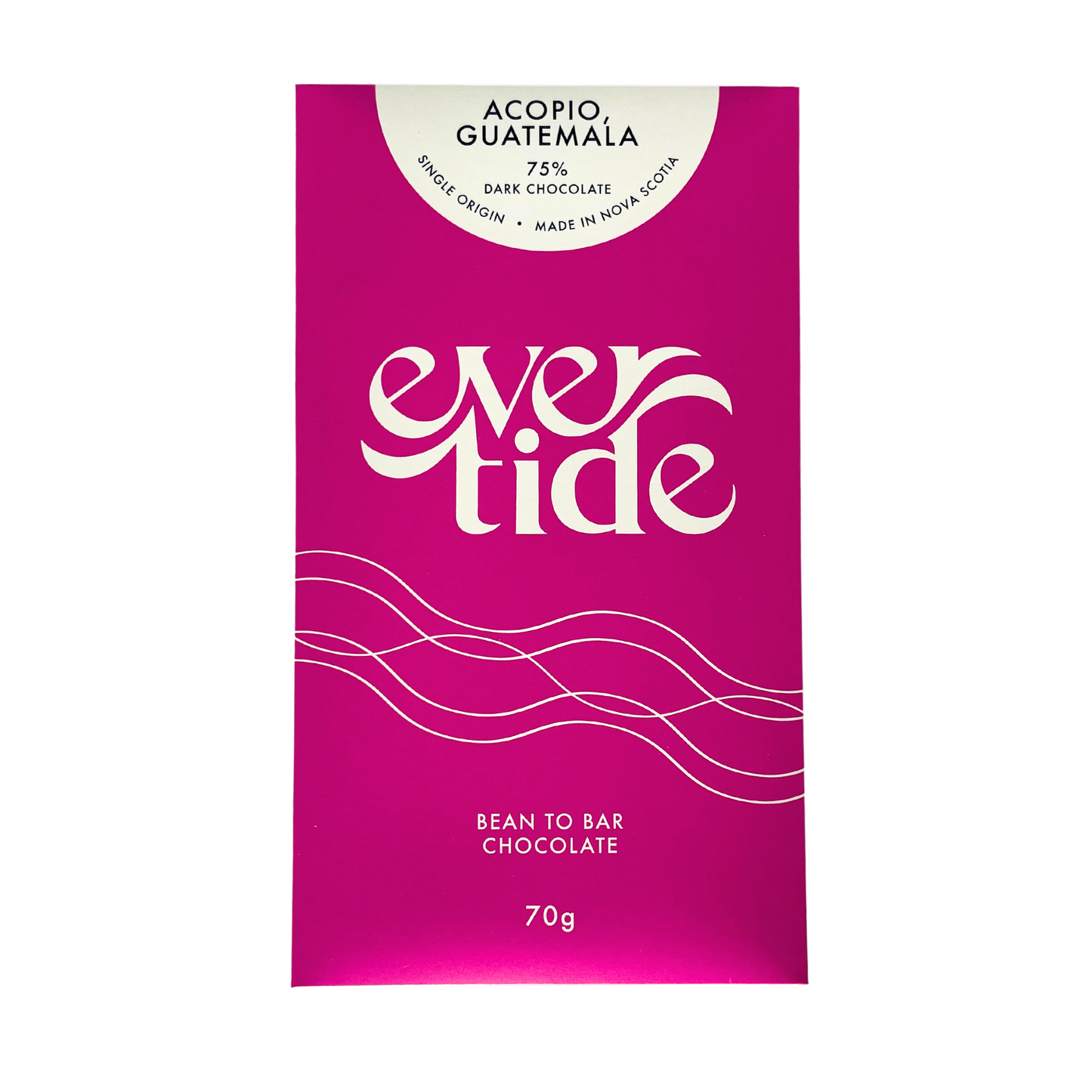 A pink packaging of Evertide bean to bar chocolate with 75% cacao, showing the brand name and the weight of 70g.