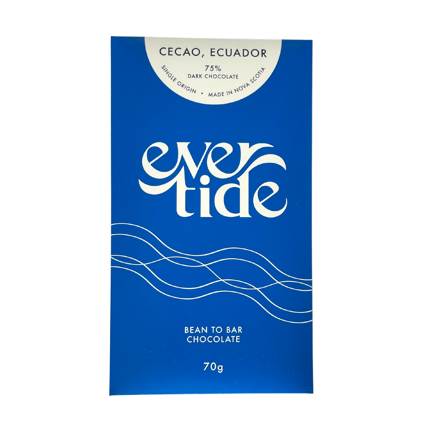 A blue chocolate bar packaging with white text that reads 'EVERTIDE', 'CECAO, ECUADOR', 'BEAN TO BAR CHOCOLATE', and '70g'.