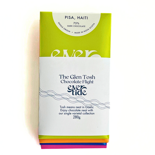 The Glen Tosh Chocolate Flight of four single varietal 75% bars, indicating a total weight of 280g.