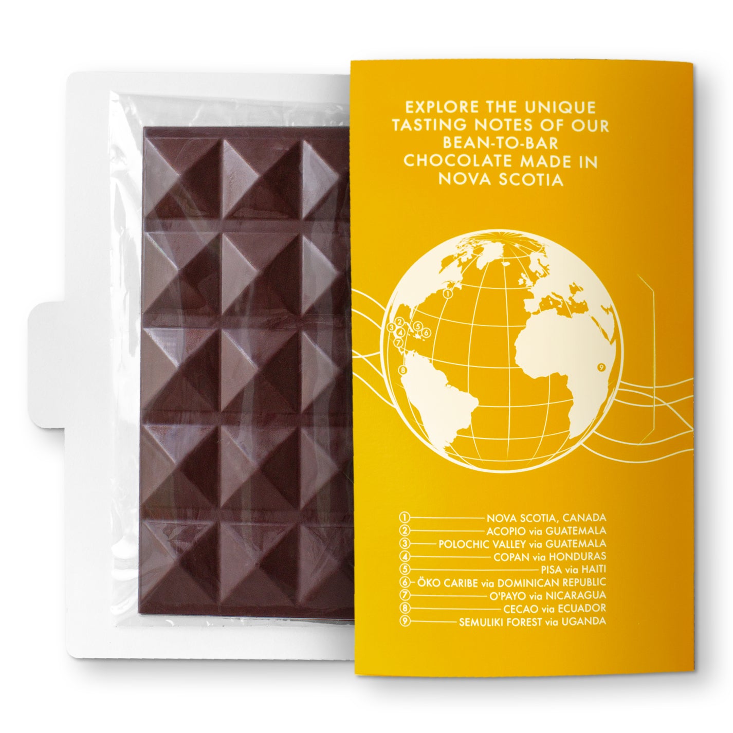 A packaged chocolate bar with an orange label featuring a globe illustration, indicating the product is a single varietal from Semuliki Forest, Uganda, weighing 70 grams.